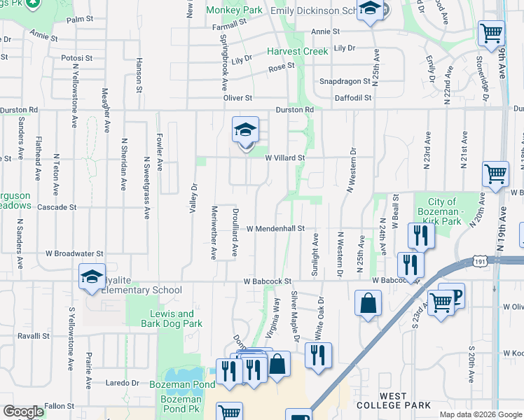 map of restaurants, bars, coffee shops, grocery stores, and more near 127 Hunters Way in Bozeman