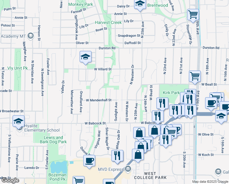 map of restaurants, bars, coffee shops, grocery stores, and more near 119 Sunlight Avenue in Bozeman