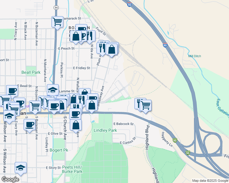 map of restaurants, bars, coffee shops, grocery stores, and more near 109 Village Downtown Boulevard in Bozeman