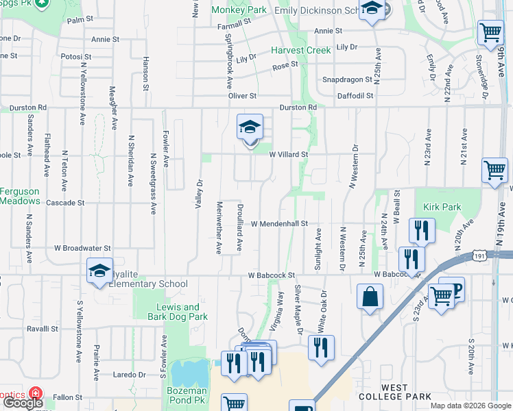 map of restaurants, bars, coffee shops, grocery stores, and more near 128 Droulliard Avenue in Bozeman