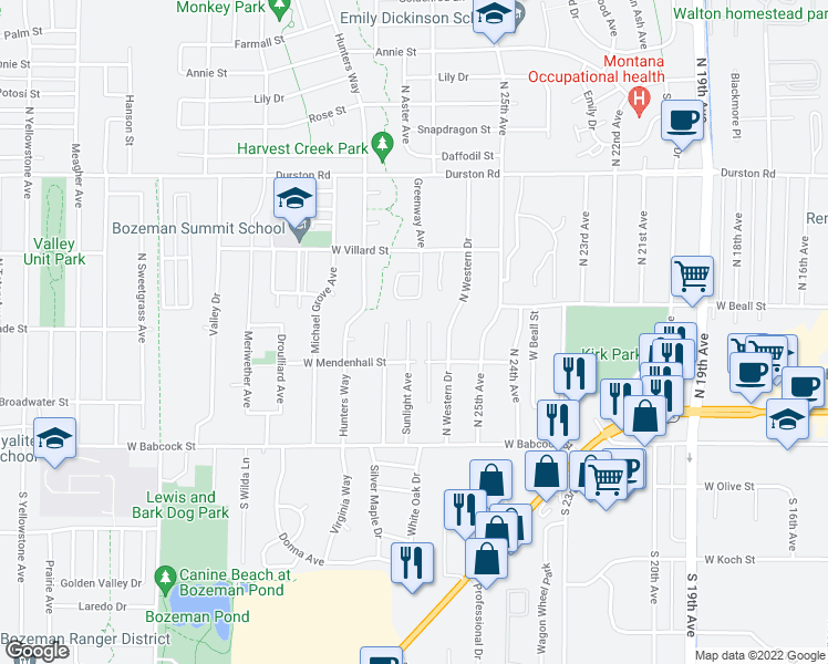 map of restaurants, bars, coffee shops, grocery stores, and more near 118 Sunlight Avenue in Bozeman