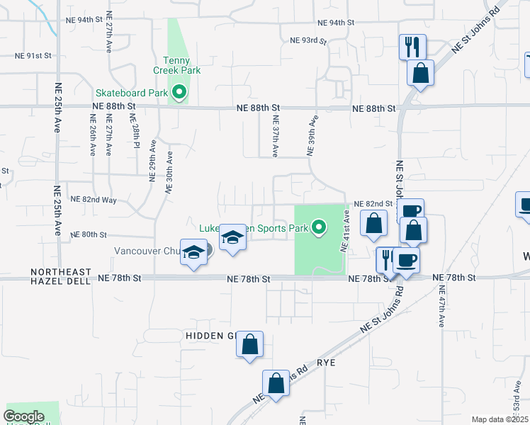map of restaurants, bars, coffee shops, grocery stores, and more near 3604 Northeast 81st Circle in Vancouver