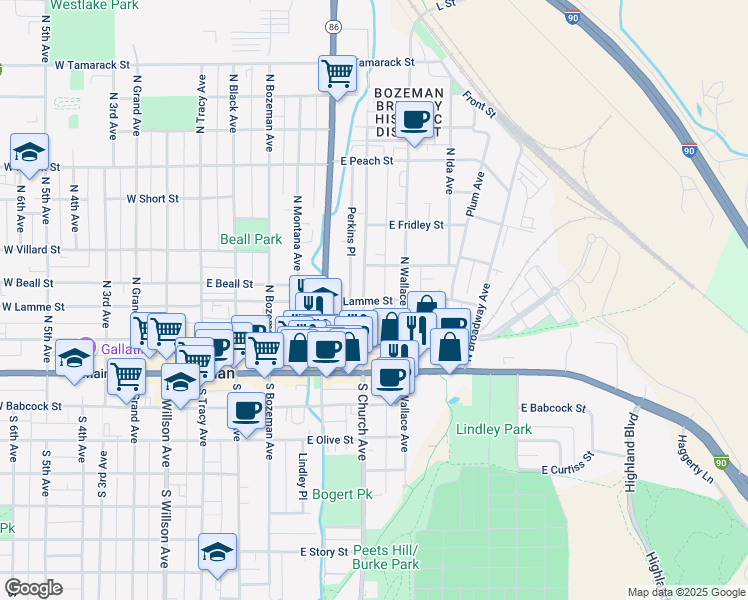 map of restaurants, bars, coffee shops, grocery stores, and more near East Lamme Street in Bozeman