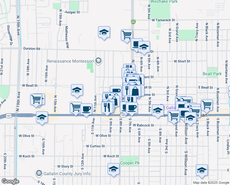 map of restaurants, bars, coffee shops, grocery stores, and more near 810 West Lamme Street in Bozeman