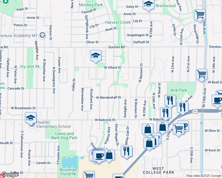 map of restaurants, bars, coffee shops, grocery stores, and more near 105 Meghans Way in Bozeman