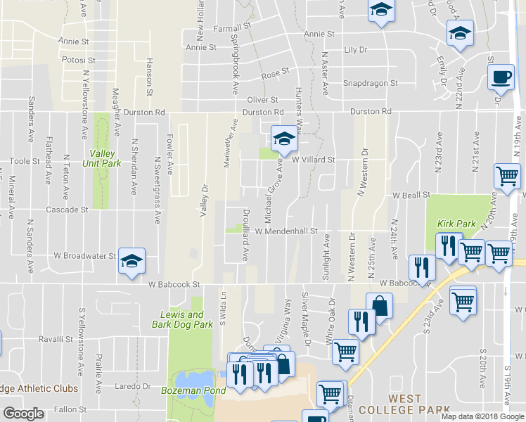 map of restaurants, bars, coffee shops, grocery stores, and more near 128 Droulliard Avenue in Bozeman