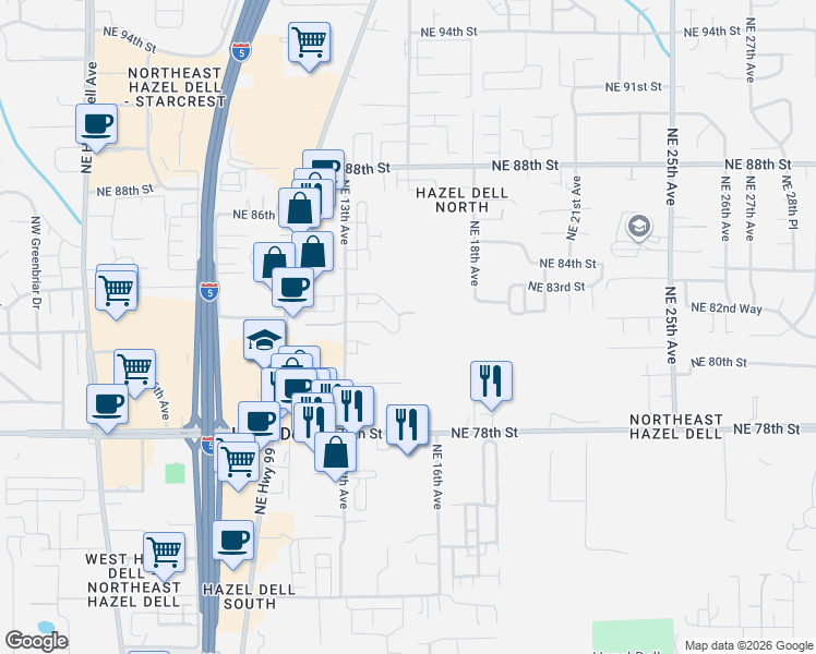 map of restaurants, bars, coffee shops, grocery stores, and more near 1439 Northeast 82nd Drive in Vancouver