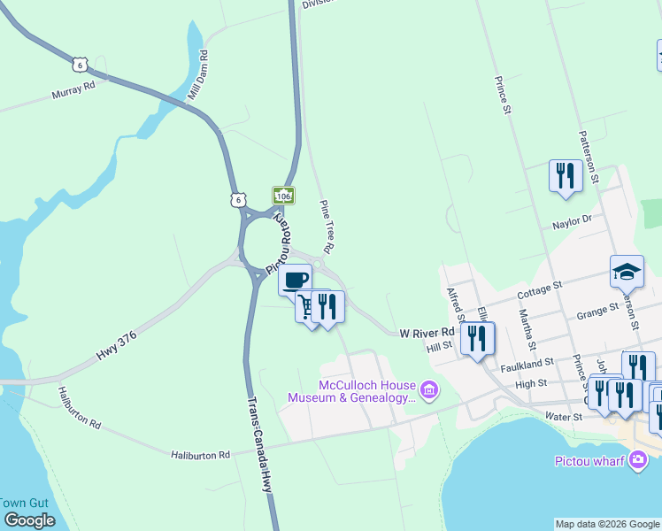 map of restaurants, bars, coffee shops, grocery stores, and more near 2419 Nova Scotia 376 in Pictou