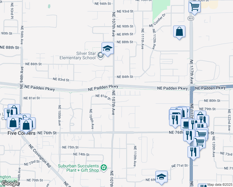 map of restaurants, bars, coffee shops, grocery stores, and more near 10700 Northeast 81st Way in Vancouver