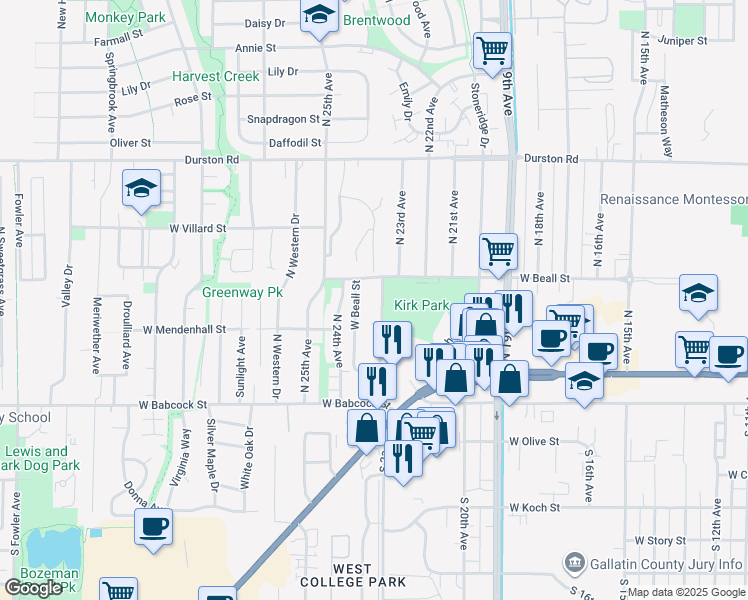 map of restaurants, bars, coffee shops, grocery stores, and more near 2322 West Beall Street in Bozeman
