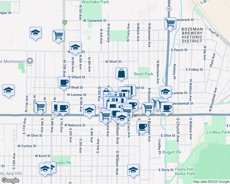 map of restaurants, bars, coffee shops, grocery stores, and more near 111 West Lamme Street in Bozeman