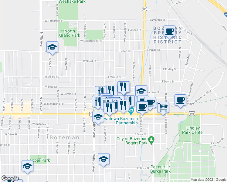map of restaurants, bars, coffee shops, grocery stores, and more near 125 North Black Avenue in Bozeman