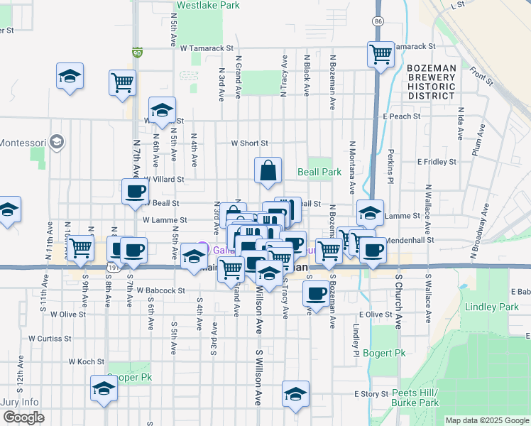 map of restaurants, bars, coffee shops, grocery stores, and more near 121 North Willson Avenue in Bozeman