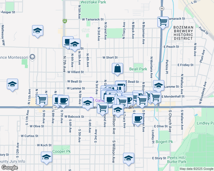 map of restaurants, bars, coffee shops, grocery stores, and more near 121 North Grand Avenue in Bozeman