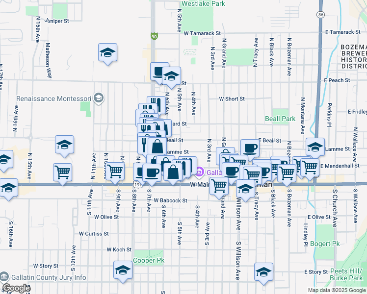 map of restaurants, bars, coffee shops, grocery stores, and more near 422 West Lamme Street in Bozeman