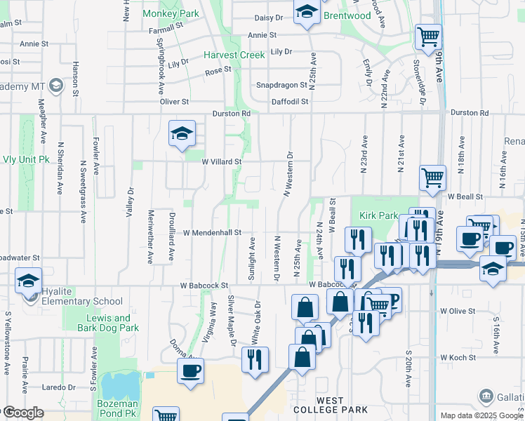 map of restaurants, bars, coffee shops, grocery stores, and more near 106 Sunlight Avenue in Bozeman