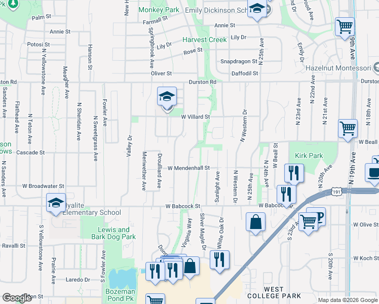 map of restaurants, bars, coffee shops, grocery stores, and more near 127 Hunters Way in Bozeman