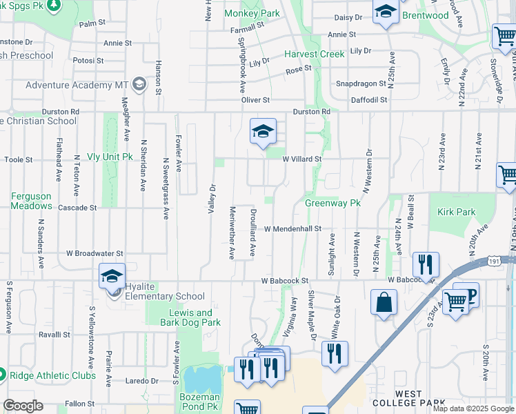 map of restaurants, bars, coffee shops, grocery stores, and more near 128 Droulliard Avenue in Bozeman