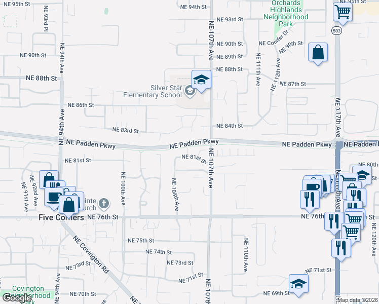 map of restaurants, bars, coffee shops, grocery stores, and more near 10509 Northeast 81st Street in Vancouver
