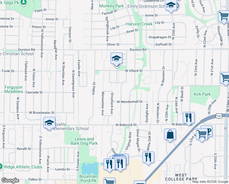 map of restaurants, bars, coffee shops, grocery stores, and more near 128 Droulliard Avenue in Bozeman