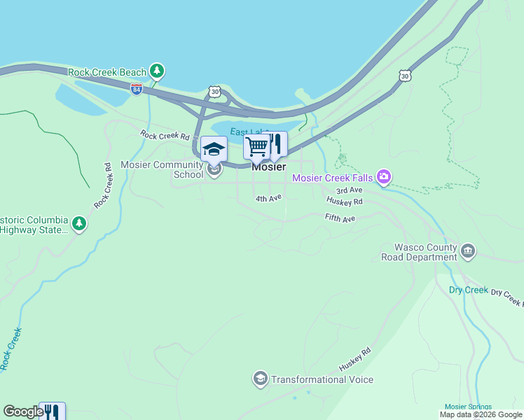 map of restaurants, bars, coffee shops, grocery stores, and more near 1015 Tanawashee Court in Mosier
