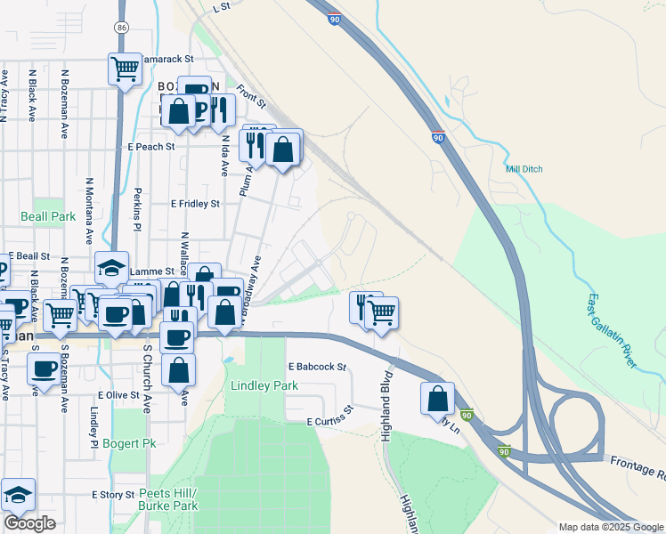 map of restaurants, bars, coffee shops, grocery stores, and more near East Lamme Street in Bozeman