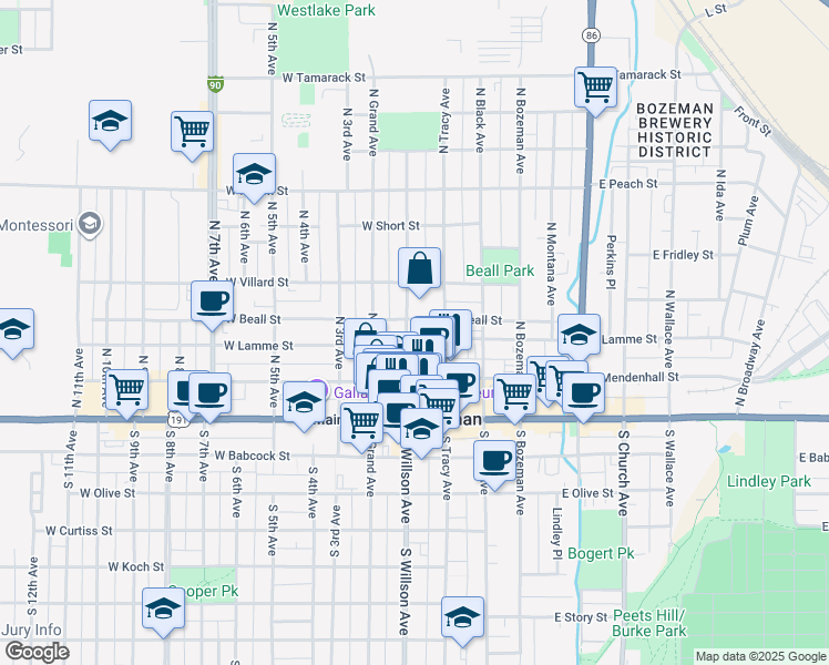 map of restaurants, bars, coffee shops, grocery stores, and more near 121 North Willson Avenue in Bozeman