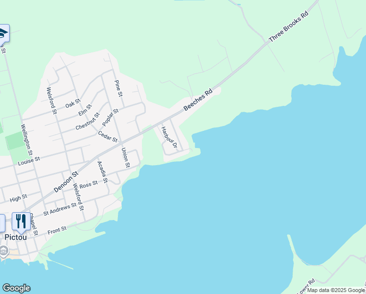 map of restaurants, bars, coffee shops, grocery stores, and more near 14 Harbour Drive in Pictou