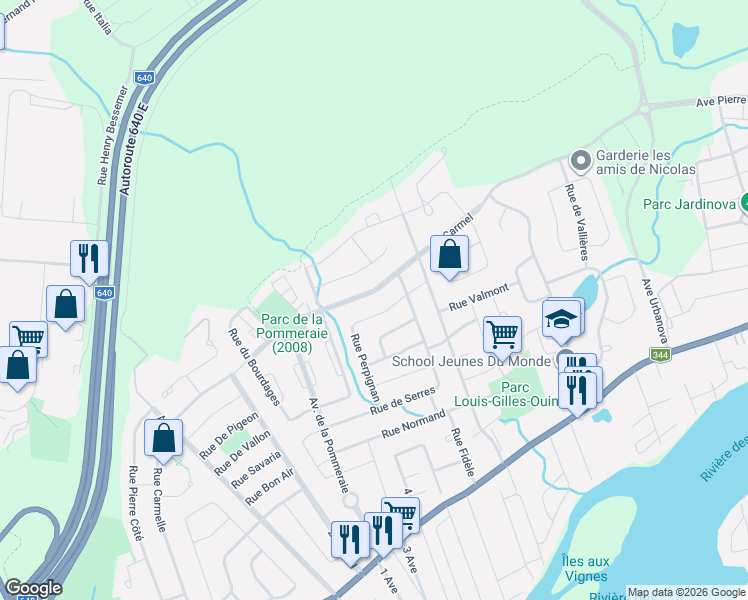 map of restaurants, bars, coffee shops, grocery stores, and more near 166 Boulevard Carmel in Terrebonne