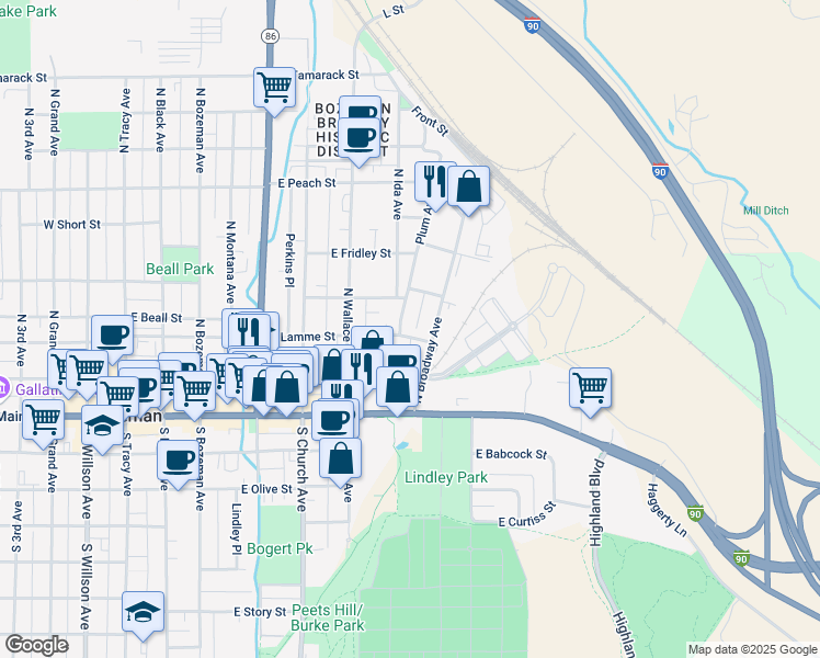map of restaurants, bars, coffee shops, grocery stores, and more near 111 North Broadway Avenue in Bozeman