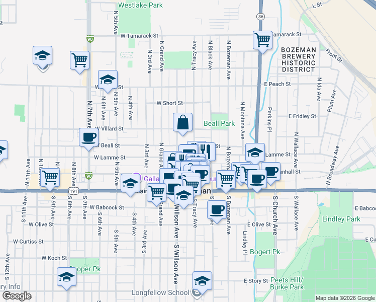 map of restaurants, bars, coffee shops, grocery stores, and more near 5 West Mendenhall Street in Bozeman