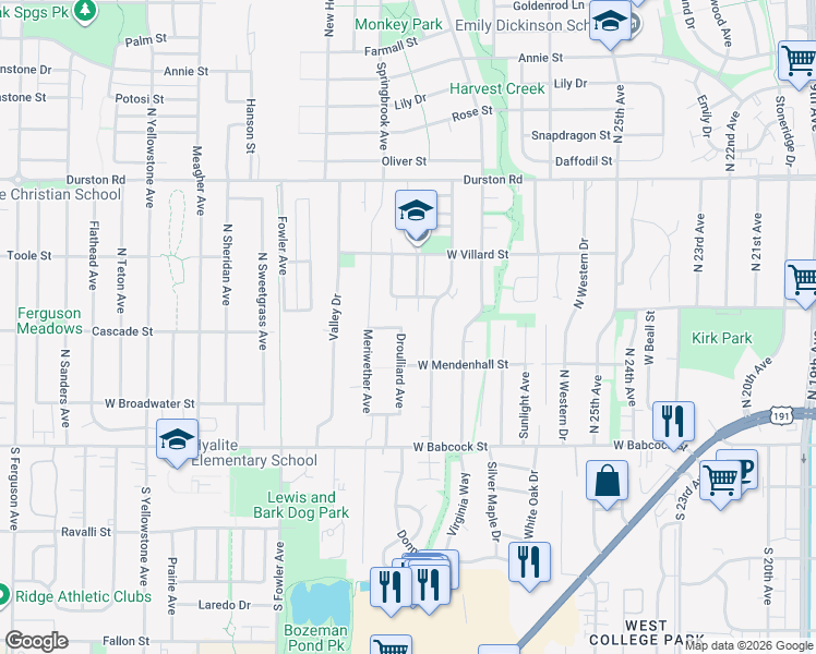 map of restaurants, bars, coffee shops, grocery stores, and more near 128 Droulliard Avenue in Bozeman
