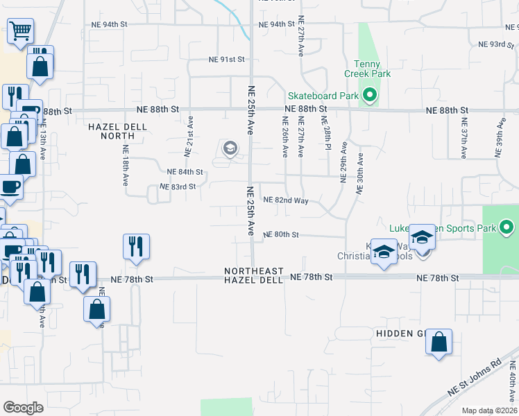 map of restaurants, bars, coffee shops, grocery stores, and more near 2506 Northeast 80th Street in Vancouver