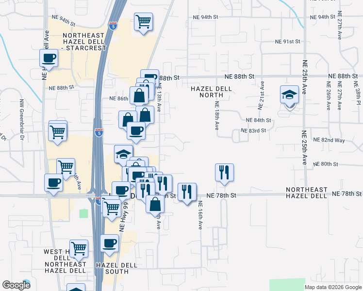 map of restaurants, bars, coffee shops, grocery stores, and more near 1439 Northeast 82nd Drive in Vancouver