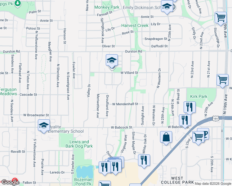 map of restaurants, bars, coffee shops, grocery stores, and more near 128 Droulliard Avenue in Bozeman