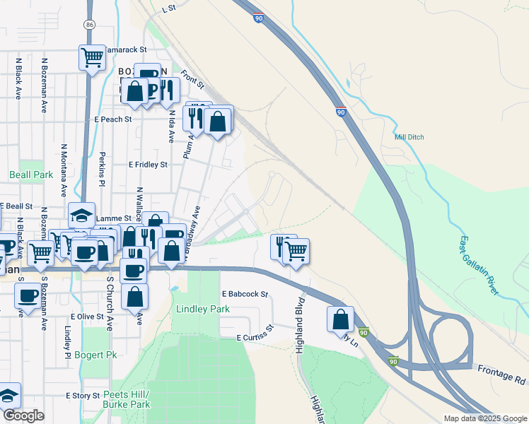 map of restaurants, bars, coffee shops, grocery stores, and more near East Lamme Street in Bozeman