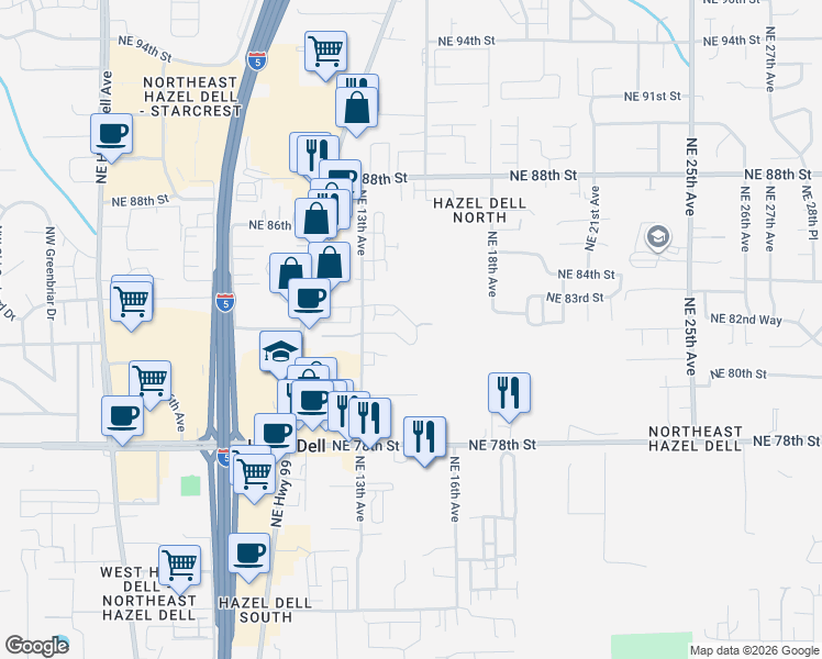 map of restaurants, bars, coffee shops, grocery stores, and more near 1425 Northeast 83rd Drive in Vancouver