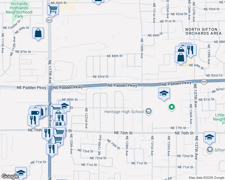 map of restaurants, bars, coffee shops, grocery stores, and more near 12507 Northeast 83rd Street in Vancouver