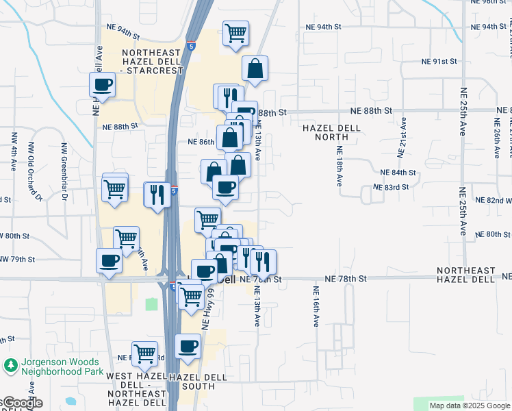 map of restaurants, bars, coffee shops, grocery stores, and more near 1306 Northeast 83rd Drive in Vancouver
