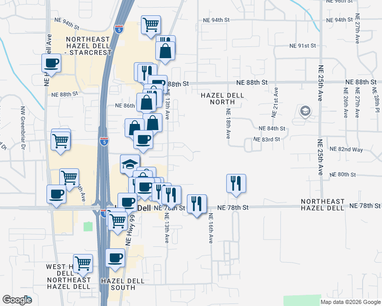 map of restaurants, bars, coffee shops, grocery stores, and more near 1425 Northeast 83rd Drive in Vancouver