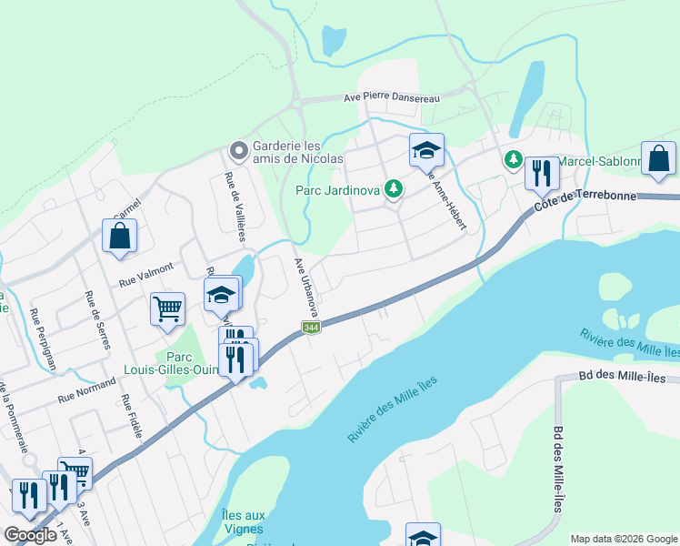 map of restaurants, bars, coffee shops, grocery stores, and more near 633 Rue Anne-Hébert in Terrebonne