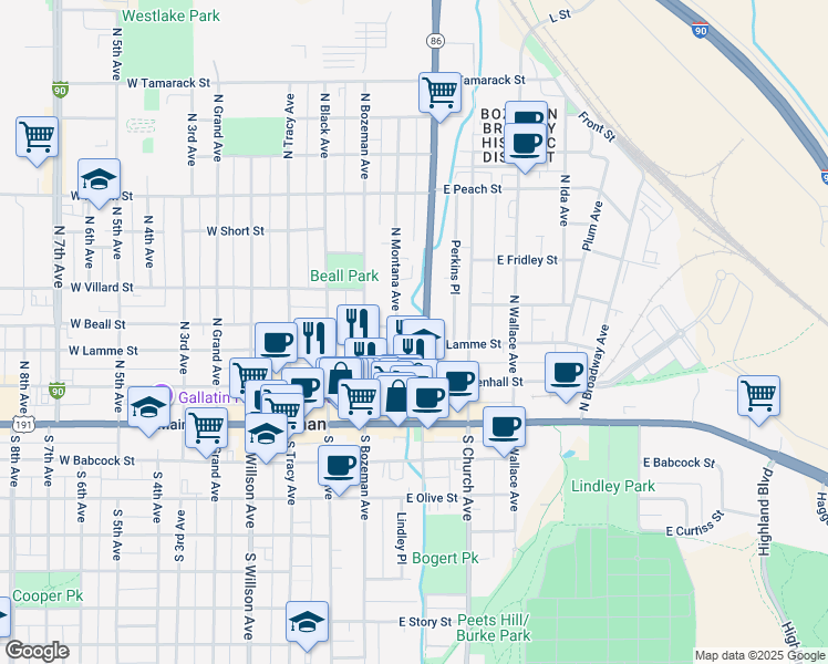 map of restaurants, bars, coffee shops, grocery stores, and more near 310 East Beall Street in Bozeman