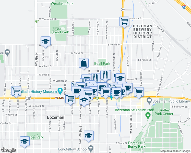 map of restaurants, bars, coffee shops, grocery stores, and more near 18 East Beall Street in Bozeman