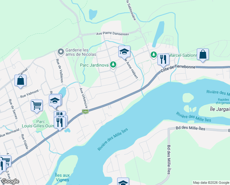 map of restaurants, bars, coffee shops, grocery stores, and more near 734 Rue Anne-Hébert in Terrebonne