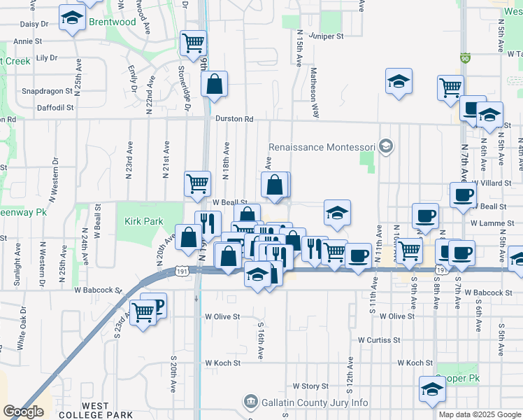 map of restaurants, bars, coffee shops, grocery stores, and more near 1608 West Beall Street in Bozeman