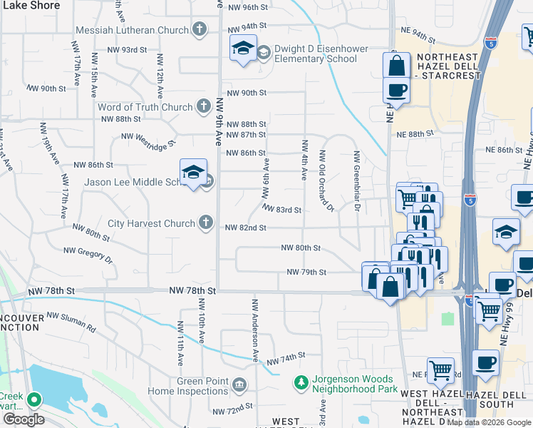 map of restaurants, bars, coffee shops, grocery stores, and more near 525 Northwest 83rd Street in Vancouver
