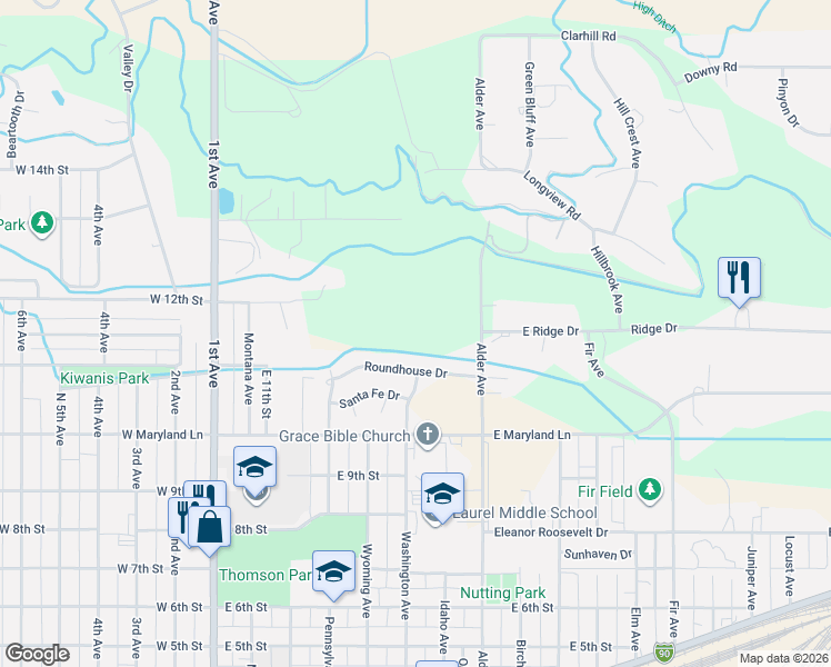 map of restaurants, bars, coffee shops, grocery stores, and more near 603 Great Northern Road in Laurel