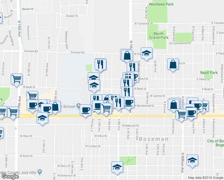 map of restaurants, bars, coffee shops, grocery stores, and more near 216 North 9th Avenue in Bozeman