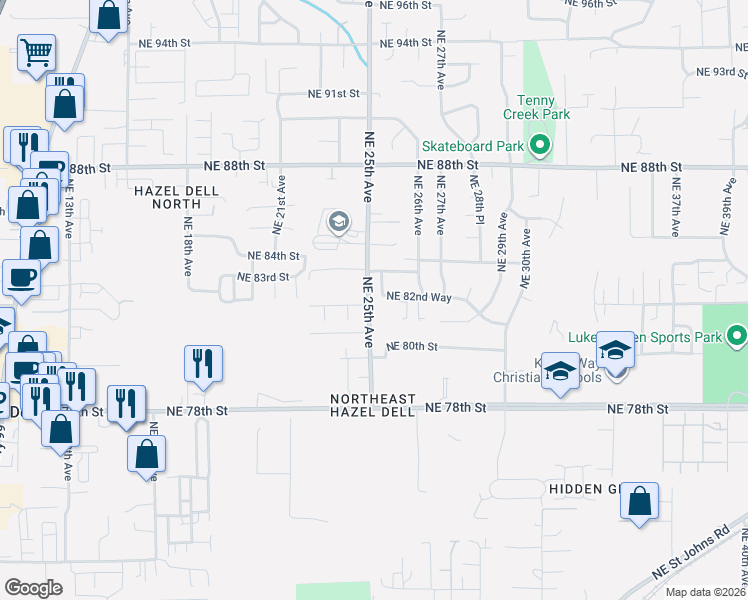 map of restaurants, bars, coffee shops, grocery stores, and more near 2503 Northeast 82nd Way in Vancouver