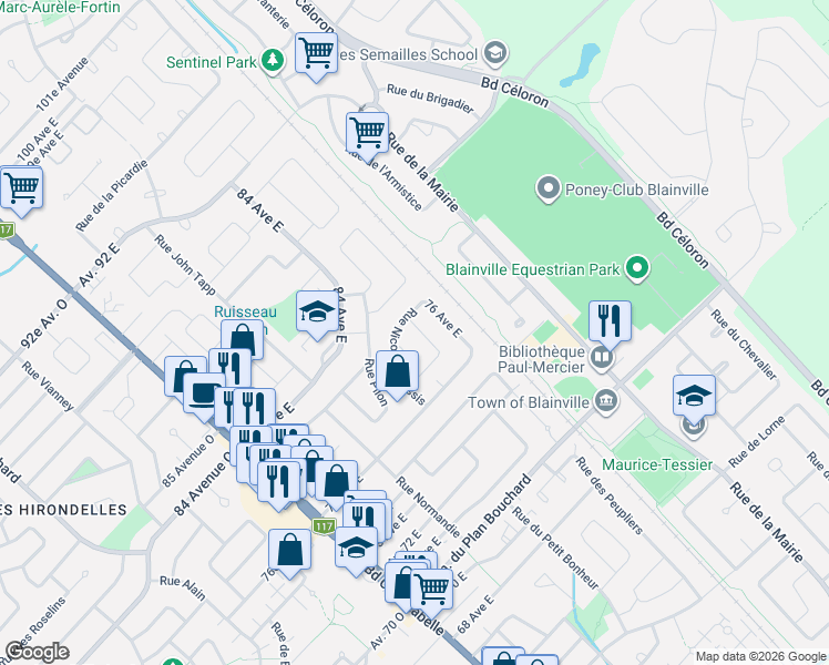 map of restaurants, bars, coffee shops, grocery stores, and more near 1099 Avenue des Pins in Blainville